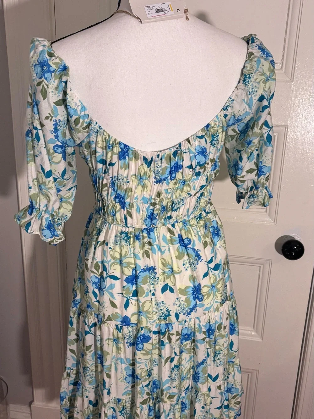 Smocked Square-Neck Mini Dress in Blue Floral - Picture 8 of 8